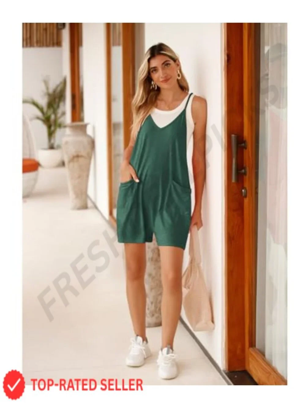 Women's Sleeveless Romper Jumpsuit with Pockets, Lightweight Stretchy